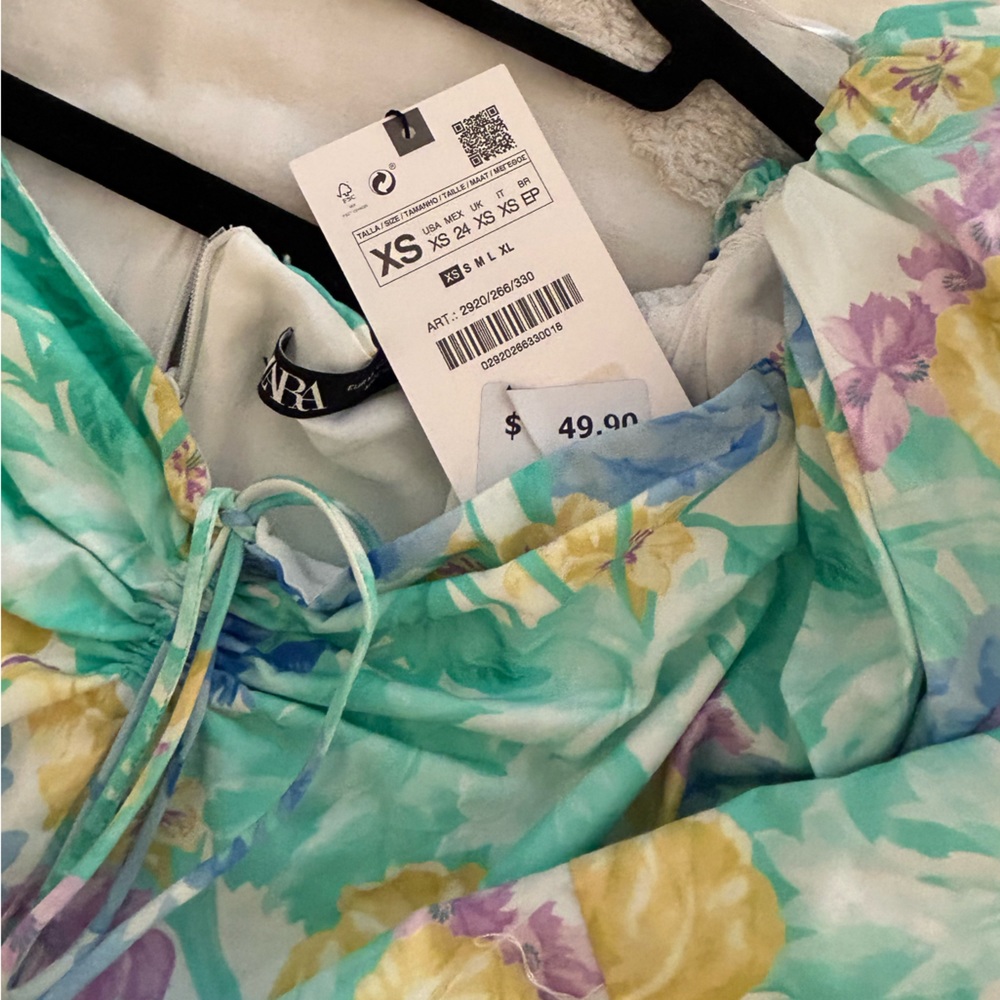 *NWT* Zara Off The Shoulder Printed Neon Multicolor Watercolor Dress; size XS - Picture 3 of 5